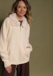 Beżowy Kardigan z Wełną z Futrzanym Kołnierzem Zapinany na Suwak Sistte. Brązowe kardigany damskie Born2be, s, bez wzorów, z futra. Za 84.99 zł.