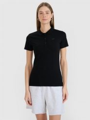4F Koszulka polo slim damska - czarna M. Czarne bluzki damskie 4F, m, bez wzorów, z bawełny, bez kołnierzyka, bez ramiączek. Za 79.99 zł.