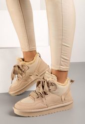Ciemnobeżowe Sneakersy Vices w Stylu Śniegowców Ocieplane z Szerokim Sznurowaniem Rennith. Brązowe obuwie sportowe damskie Born2be, na jesień, z wełny, bez zapięcia, trekkingowe. Za 99.99 zł.