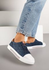 Granatowe Płaskie Trampki ze Skóry Naturalnej ze Skórzaną Wkładką i Ozdobnym Noskiem Milili. Niebieskie trampki damskie Renee, bez wzorów, z jeansu, bez zapięcia. Za 79.99 zł.