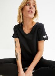 T-shirt z czystej bawełny. Czarne t-shirty damskie bonprix, bez wzorów, z bawełny, bez kołnierzyka. Za 42.99 zł.