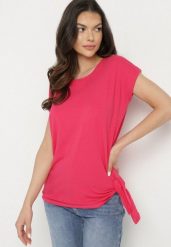 Różowy Bawełniany T-shirt z Wiązaniem Falmio. Czerwone t-shirty damskie Born2be, m, bez wzorów, z bawełny, bez kołnierzyka. Za 29.99 zł.
