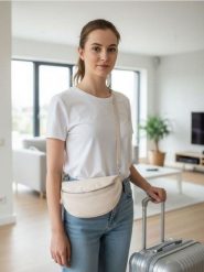 Saszetka nerka na regulowanym pasku z imitacji skóry - kremowy. Białe nerki i saszetki damskie Sinsay, bez wzorów, ze skóry. Za 29.99 zł.