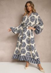 Niebieska Sukienka Oversize z Wiskozy z Paskiem Zdobiona Etnicznym Printem Velsekia. Niebieskie sukienki damskie Renee, z aplikacjami, z materiału, eleganckie, bez ramiączek. W wyprzedaży za 99.99 zł.