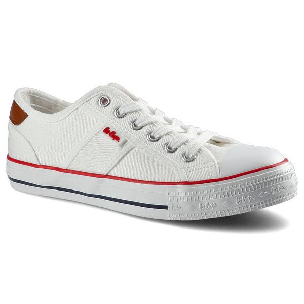 Trampki damskie Lee Cooper, znurowany fason cholewka tekstylna płócienna niska cholewka przed kostkę gumowy nosek ochronny płaska elastyczna podeszwa. Białe trampki damskie Lee Cooper, bez wzorów, z gumy, przed kostkę, bez zapięcia. Za 89.00 zł.