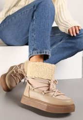 Ciemnobeżowe Śniegowce Futerkowe na Platformie ze Sznurowaną Cholewką Izalithia. Brązowe śniegowce damskie Renee, z futra. Za 79.99 zł.