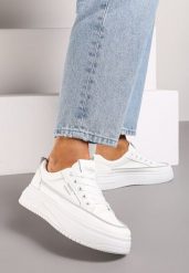 Biało-Szare Sznurowane Sneakersy na Grubej Tłoczonej Podeszwie Erisalise. Białe obuwie sportowe damskie Born2be, z materiału, bez zapięcia. Za 89.99 zł.