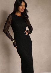 Czarna Koronkowa Sukienka Typu Longsleeve o Dopasowanym Kroju Zenoresa. Czarne sukienki damskie Renee, bez wzorów, z koronki, eleganckie, bez ramiączek. Za 149.99 zł.