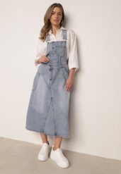 Niebieska Trapezowa Sukienka Jeansowa o Kroju Ogrodniczki z Bawełną Peimellia. Niebieskie sukienki damskie Born2be, bez wzorów, z bawełny, bez ramiączek. Za 189.99 zł.
