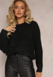 Czarny Sweter z Miękkiej Dzianiny z Warkoczykowym Splotem Eleana. Czarne swetry klasyczne damskie Renee, m, z dzianiny, bez kołnierzyka. Za 49.99 zł.