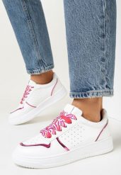 Biało-Różowe Sneakersy z Błyszczącymi Wstawkami i Dekoracyjnym Sznurowaniem Horustia. Białe obuwie sportowe damskie Born2be, bez zapięcia. Za 79.99 zł.