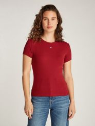 TOMMY JEANS Koszulka w kolorze bordowym rozmiar: L. Czerwone bluzki damskie Tommy Jeans, l, bez wzorów, z jeansu, bez kołnierzyka, bez ramiączek. Za 96.60 zł.