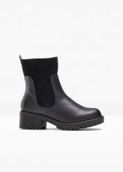 Botki. Czarne botki damskie bonprix, ze sztruksu, bez obcasa, bez zapięcia. Za 147.99 zł.