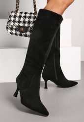 Czarne Eleganckie Kozaki Vices z Ekozamszu na Szpilce Izaiella. Czarne kozaki damskie Renee, z jeansu, bez obcasa, na obcasie, bez zapięcia. Za 159.99 zł.