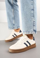 Beżowo-Granatowe Sneakersy w Stylu Tenisówek z Paskami na Boku Saliena. Brązowe obuwie sportowe damskie Born2be, z jeansu, bez zapięcia, tenisowe. Za 99.99 zł.