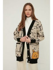 Trendyol Kardigan w kolorze beżowo-czarno-pomarańczowym rozmiar: L/XL. Brązowe kardigany damskie Trendyol, l, bez wzorów, ze splotem. Za 92.45 zł.