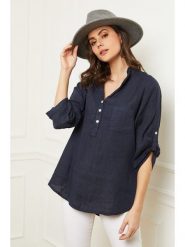 Fleur de Lin Lniana bluzka "Bjorg" w kolorze granatowym rozmiar: XL. Niebieskie bluzki damskie Fleur de Lin, xl, bez wzorów, ze lnu, bez kołnierzyka, bez ramiączek. Za 179.95 zł.