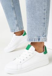 Biało-Zielone Sneakersy z Małymi Wstawkami na Języku i Zapiętku Deneld. Białe obuwie sportowe damskie Born2be, bez zapięcia. Za 79.99 zł.