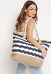 Beżowo-Granatowa Plażowa Torebka Shopper z Rączkami ze Sznurka Wykończona Plecionką Zapinana na Suwak Linneli. Brązowe shopper bag Born2be, bez wzorów, z materiału, bez dodatków. Za 49.99 zł.
