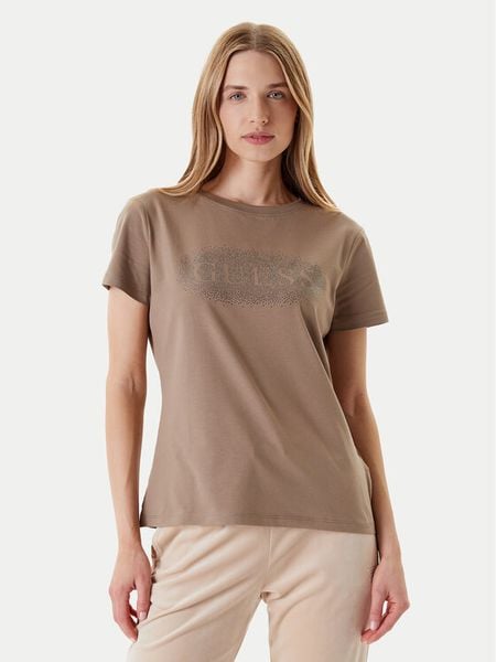 Guess T-Shirt V5YI08 J1314 Brązowy Regular Fit. Brązowe t-shirty damskie Guess, xs, z aplikacjami, z bawełny, bez kołnierzyka. Za 109.99 zł.