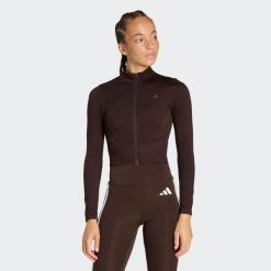 Bluza Workout Essentials Full-Zip Knit. Brązowe bluzy damskie Adidas, m, bez wzorów, z dzianiny, bez kaptura. Za 240.65 zł.