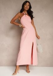 Różowa Sukienka z Wiskozą z Dekoltem Halter i Ozdobną Broszką Naliannae. Czerwone sukienki damskie Renee, bez wzorów, z wiskozy, eleganckie, bez ramiączek. W wyprzedaży za 95.99 zł.