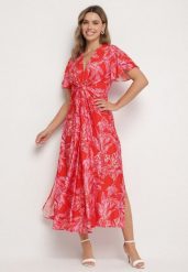 Czerwona Sukienka z Wiskozy w Abstrakcyjny Wzór Lunalisa. Czerwone sukienki damskie Born2be, bez wzorów, z wiskozy, eleganckie, bez ramiączek. Za 189.99 zł.