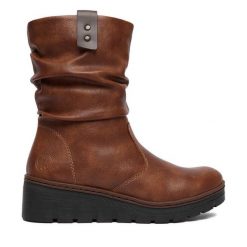 Kozaki Rieker. Brązowe kozaki damskie Rieker, bez obcasa, na koturnie, bez zapięcia. Za 379.99 zł.