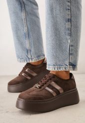 Brązowe Zamszowe Sneakersy na Grubej Podeszwie ze Skórzaną Wkładką Yinrieth. Brązowe obuwie sportowe damskie Born2be, z dzianiny, bez zapięcia. Za 219.99 zł.