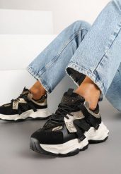 Czarne Sneakersy Streetwearowe na Grubej Podeszwie Zdobione Cyrkoniami Finlivis. Czarne obuwie sportowe damskie Born2be, z jeansu, bez zapięcia. Za 79.99 zł.