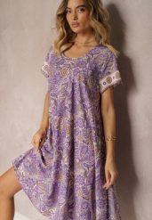 Fioletowa Sukienka Boho z Wiskozy z Cienkim Paskiem w Talii Rivasea. Fioletowe sukienki damskie Renee, bez wzorów, z wiskozy, boho, bez ramiączek. W wyprzedaży za 55.99 zł.