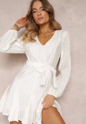Biała Rozkloszowana Sukienka Mini z Wiązaniem w Talii Evyna. Białe sukienki damskie Renee, bez wzorów, bez ramiączek. Za 149.99 zł.