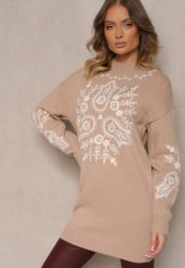 Ciemnobeżowy Sweter z Wiskozą o Długim Kroju z Ozdobnym Haftem Adelithra. Brązowe swetry klasyczne damskie Renee, z jeansu, bez kołnierzyka. Za 139.99 zł.
