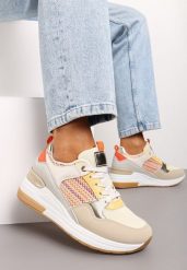 Beżowo-Pomarańczowe Sznurowane Sneakersy na Niskim Koturnie Xanthema. Brązowe obuwie sportowe damskie Born2be, z materiału, bez zapięcia. Za 129.99 zł.
