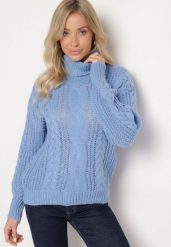 Niebieski Golf z Bawełną Ozdobiony Tłoczeniem Zivirra. Niebieskie golfy damskie Born2be, uniwersalny, bez wzorów, z bawełny, bez ramiączek. Za 64.99 zł.