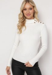 Biały Golf z Ozdobnymi Nitami Lamani. Białe golfy damskie Born2be, bez wzorów, bez ramiączek. Za 74.99 zł.