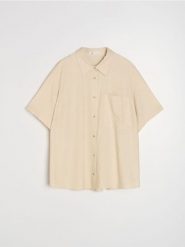 Koszula z domieszką lnu - beżowy. Brązowe koszule damskie Sinsay, xl, bez wzorów, bez kołnierzyka, bez ramiączek. Za 49.99 zł.