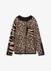 Sweter z cienkiej dzianiny ze zwierzęcym nadrukiem. Zielone swetry klasyczne damskie bonprix, z dzianiny, bez kołnierzyka. Za 169.99 zł.