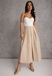 Beżowa Bawełniana Spódnica o Rozkloszowanym Kroju z Plisami Nerimara. Brązowe spódnice damskie Renee, na co dzień, na lato, l, bez wzorów, z bawełny, casualowe, midi. Za 119.99 zł.