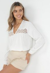 Biała Bluzka z Haftem Destyn. Białe bluzki damskie Born2be, m, bez wzorów, z koronki, bez kołnierzyka, bez ramiączek. Za 139.99 zł.