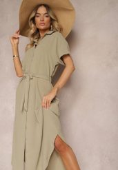Zielona Koszulowa Sukienka z Wiskozy z Materiałowym Paskiem w Talii Gialara. Zielone sukienki damskie Renee, bez wzorów, z materiału, eleganckie, bez ramiączek. W wyprzedaży za 67.99 zł.