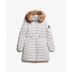 Damska kurtka puchowa Superdry. Szare kurtki damskie Superdry, bez wzorów, z puchu, bez kaptura. Za 651.30 zł.
