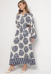 Niebieska Wiskozowa Sukienka Oversize w Etniczny Wzór z Wiązanym Paskiem Florseki. Niebieskie sukienki damskie Born2be, bez wzorów, z wiskozy, eleganckie, bez ramiączek. Za 109.99 zł.