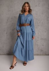 Niebieska Spódnica Rozkloszowana z Lyocellu High Waist Ozdobiona Falbanami Ravienne. Niebieskie spódnice damskie Renee, na lato, bez wzorów, z lyocellu, maxi. Za 89.99 zł.