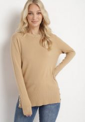Beżowy Sweter Ozdobiony Guzikami i Rozcięciami na Dole Malioppe. Brązowe swetry klasyczne damskie Born2be, l, z dzianiny, bez kołnierzyka. Za 79.99 zł.