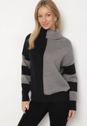 Czarno-Szary Golf z Geometrycznym Wzorem w Paski Eminerria. Czarne golfy damskie Born2be, z aplikacjami, z jeansu, bez ramiączek. Za 89.99 zł.