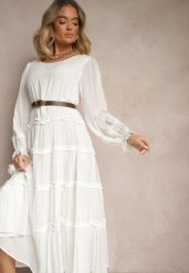 Biała Bawełniana Sukienka z Ozdobnymi Falbankami Eranisa. Białe sukienki damskie Renee, bez wzorów, z bawełny, eleganckie, bez ramiączek. W wyprzedaży za 75.99 zł.