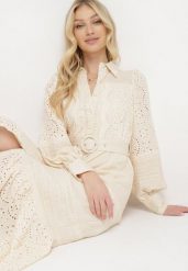 Beżowa Koszulowa Sukienka z Lnu i Wiskozy z Paskiem w Komplecie z Ażurowym Zdobiebiem Eleces. Brązowe sukienki damskie Born2be, z aplikacjami, z wiskozy, eleganckie, bez ramiączek. W wyprzedaży za 263.49 zł.