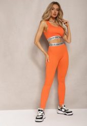 Pomarańczowe Sportowe Legginsy Elastyczne z Ozdobną Szeroką Gumą w Pasie Larnode. Brązowe legginsy damskie Renee, bez wzorów, z gumy. Za 34.99 zł.