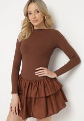 Brązowa Rozkloszowana Sukienka z Długim Rękawem i Falbanką Reonaria. Brązowe sukienki damskie Born2be, bez wzorów, eleganckie, bez ramiączek. W wyprzedaży za 84.99 zł.